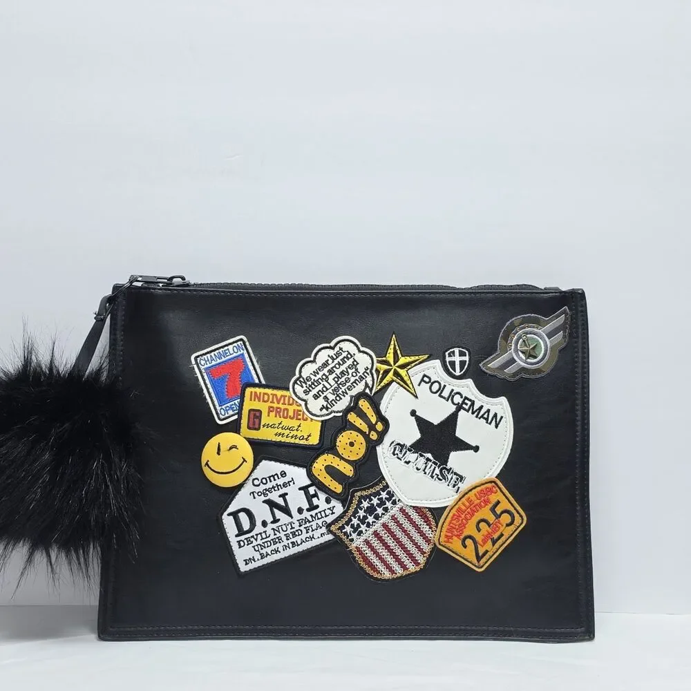 Dream Control Black Large Patched Clutch With Pom Pom Vegan Leather Hipster